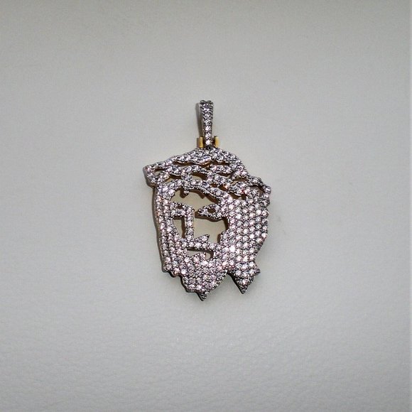 Designer Gold Gilded Sterling Silver Cubic Zirconia Cluster Jesus Face Pendant - Picture 2 of 5